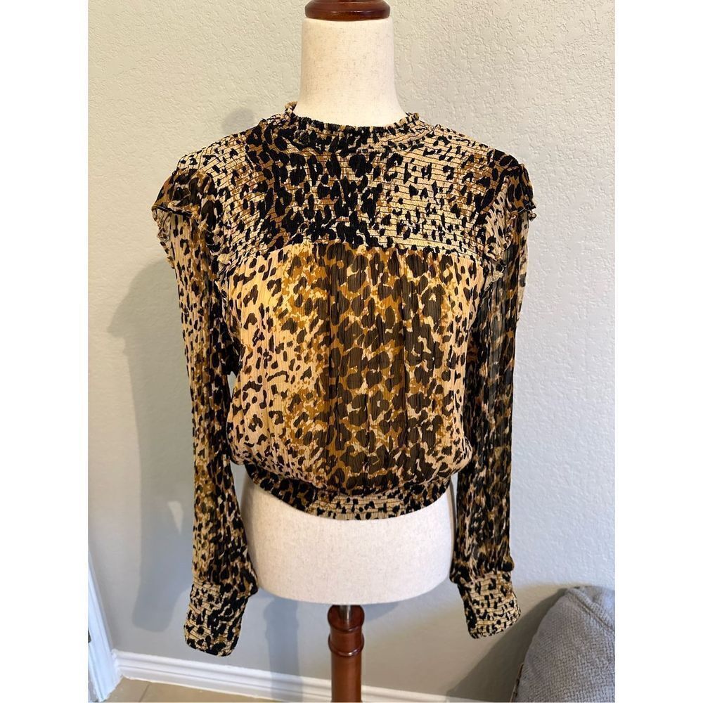 Free People Leopard Roma Mock Neck Tie Detail Smocked Top Size Small OB1069086